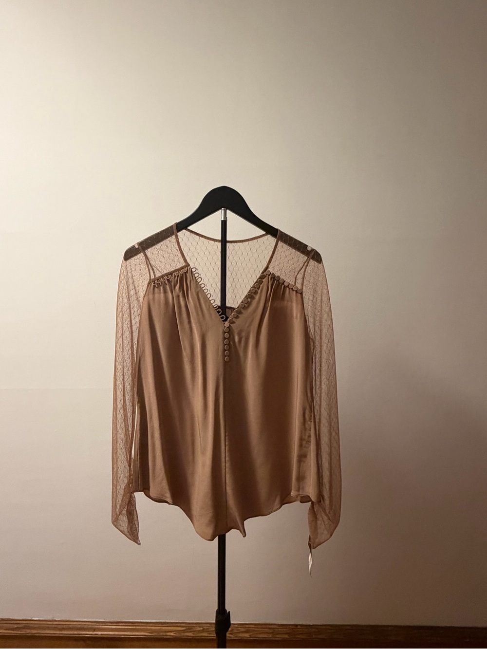 BCBGMaxAzria Taupe Satin Blouse with Sheer Lace Sleeves